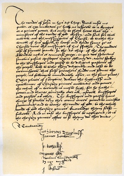 Biskopal erklæring fra erkebiskop Crammer og syv andre engelske biskoper, c1537. av Thomas Cranmer