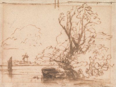 En båt fortøyd ved en elvebredd av Thomas Creswick