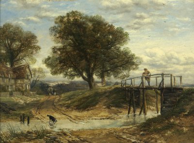 Landskap med bekk, bro og hytte (olje på panel) av Thomas Creswick