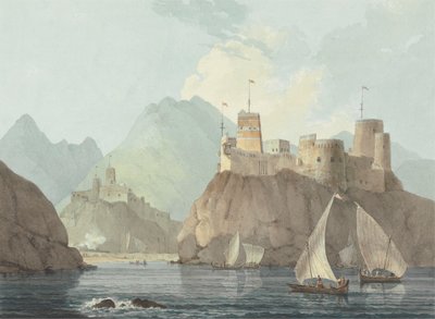 Østutsikt over fortene Jellali og Merani, Muskat av Thomas Daniell