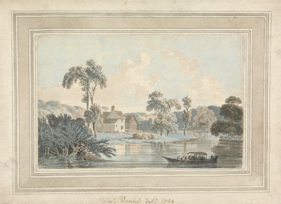 Våningshus, elv og lekter av Thomas Daniell
