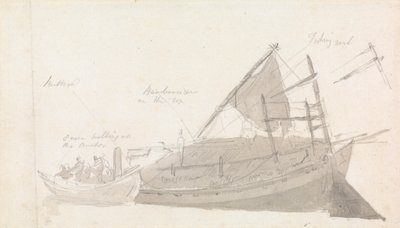 Fiskebåt med små fartøy ved siden av av Thomas Daniell