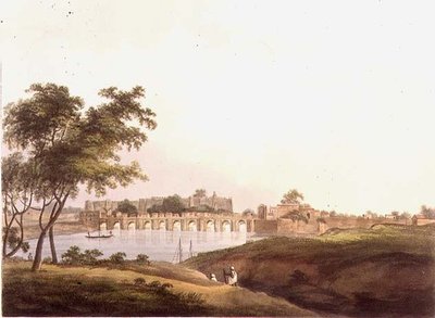 Broen i Juonpore, Bengal, gravert av H. Merke (fl. 1800-20) pub. av Edward Orme (1774-c. 1820) 1804 (lito) av Thomas Daniell