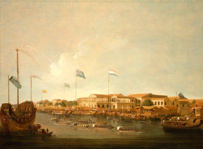 Hongs ved Canton fra sørøst, med en regatta på Pearl River av Thomas Daniell