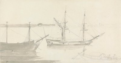To fortøyde skip og en fiskebåt av Thomas Daniell