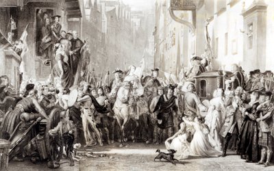 Prins Charles Edward (1720-88) og høylanderne på vei inn i Edinburgh etter slaget ved Preston, 21. september 1745 (se 105438) av Thomas Duncan
