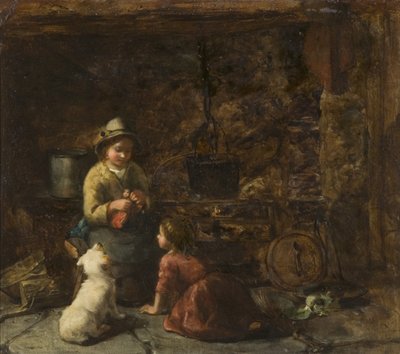 Hytteinteriør med to barn, ca. 1850 (olje på papp) av Thomas Faed
