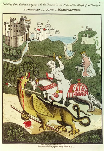 St. George and the Dragon, etter et originalt maleri i Chapel of the Trinity i Stratford Upon Avon, Warwickshire, 1804 av Thomas Fisher Hoxton