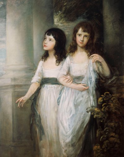 Et gruppeportrett av frøkenene Sloper, begge stående nesten i full lengde i hvite kjoler med blå sash, av Thomas Gainsborough