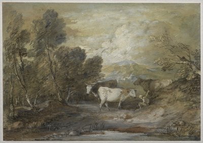 En gjeter med tre kyr ved en opplandsbasseng av Thomas Gainsborough