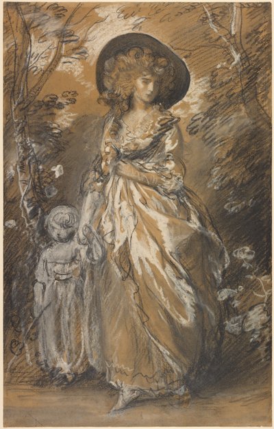 En dame som går i en hage med et barn av Thomas Gainsborough