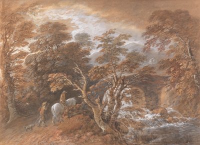 Kupert landskap med figurer som nærmer seg en bro av Thomas Gainsborough