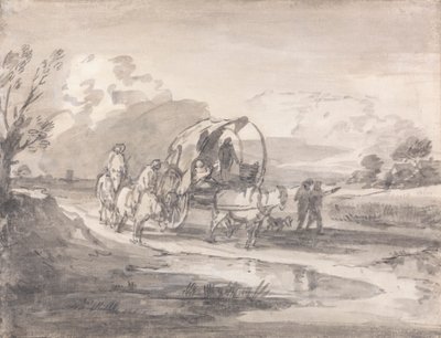 Åpent landskap med ryttere og overbygd vogn av Thomas Gainsborough
