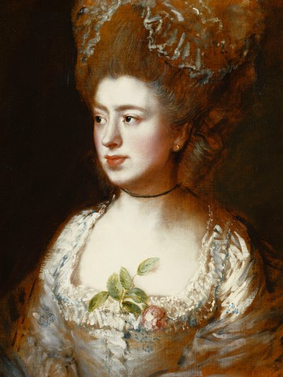Portrett av frøken Mary Gainsborough, senere fru Fischer, kunstnerens datter, hode og skuldre, vendt mot høyre, iført en blå og hvit kjole med en rosa rose i korsasjen, av Thomas Gainsborough