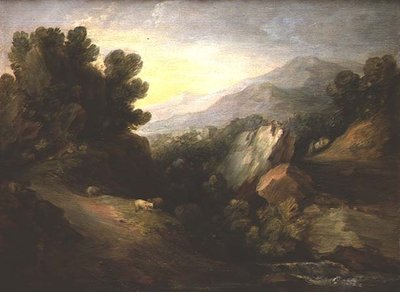 Steinete skogslandskap med sauer ved en foss av Thomas Gainsborough
