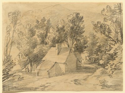 Studie av et hus og et skur i en skogkledd dal av Thomas Gainsborough