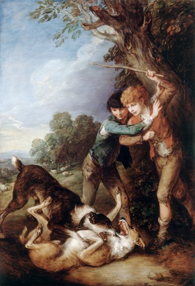 To gjetergutter med hunder som kjemper (olje på lerret) av Thomas Gainsborough
