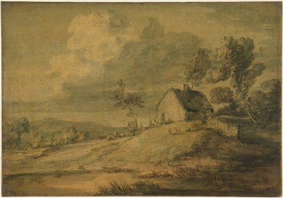 Skoglandskap med hytte, kyr og sauer av Thomas Gainsborough