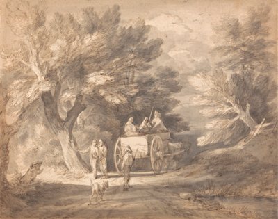 Skoglandskap med landvogn og figurer som går nedover en bane av Thomas Gainsborough