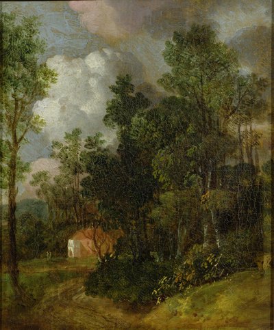 Skoglandskap med landsted og to figurer, ca. 1752 (olje på lerret lagt på lerret) av Thomas Gainsborough