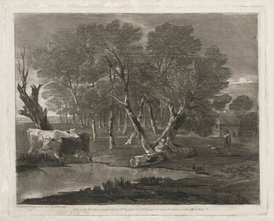 Skoglandskap med kuer ved siden av et basseng, figurer og hytte av Thomas Gainsborough