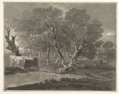 Skoglandskap med kyr ved siden av et basseng, figurer og hytte, 1775-80. av Thomas Gainsborough