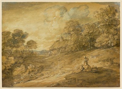 Waldlandschaft mit Figuren und gewundenem Pfad zu einem Cottage av Thomas Gainsborough