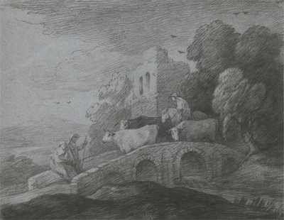 Skoglandskap med gjeter som kjører storfe over en bro, rustikke elskere og ruinert slott av Thomas Gainsborough