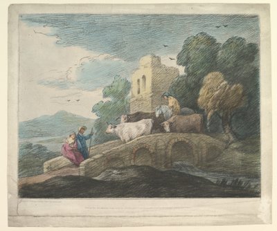 Skoglandskap med gjetere som driver storfe over en bro, rustikke elskere og ruinert slott, 1797. av Thomas Gainsborough