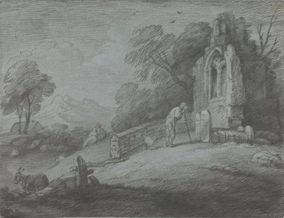 Skoglandskap med bondelesende gravstein, rustikke elskere og ødelagt kirke av Thomas Gainsborough