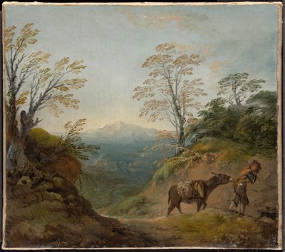 Skoglandskap med en gutt som leder et esel og en hund, og et vidstrakt panorama med bygninger og fjerne åser av Thomas Gainsborough