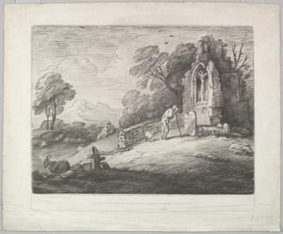 Skoglandskap med en bonde som leser en gravstein, rustikke elskere og en ødelagt ..., 1. august 1797. av Thomas Gainsborough