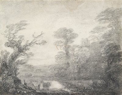 Skoglandskap med gjeter, kyr og kirketårn, 1753-1757 av Thomas Gainsborough