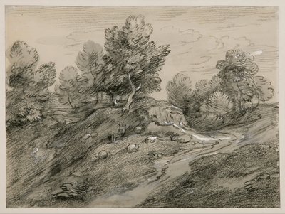 Skogkledd høydelandskap med gjeter, sauer og en landevei som slynger seg rundt en kolle av Thomas Gainsborough
