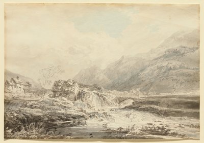 Fjellandskap med overfallsmølle og bro av Thomas Girtin