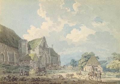 Tithe Barn at Abbotsbury med Abbey on the Hill..., ca. 1795 (wc over grafitt på papir) av Thomas Girtin