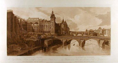 Utsikt over Pont au Change, byteateret, Pont Neuf, Conciergerie-fengselet osv., sett fra Pont Notre-Dame av Thomas Girtin