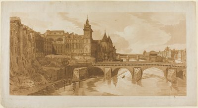 Utsikt over Pont au Change, byteatret, Pont Neuf, Conciergerie-fengselet osv. hentet fra Pont Notre Dame, fra et utvalg av tjue av de mest pittoreske utsiktene i Paris av Thomas Girtin