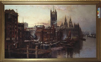 En utsikt over Houses of Parliament fra Themsen, London (olje på lerret) av Thomas Greenhalgh