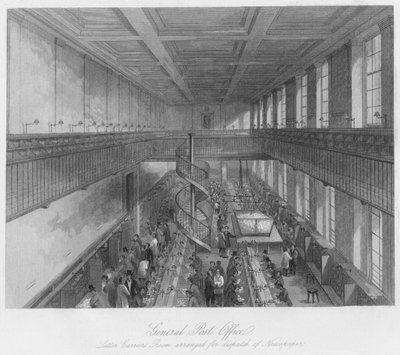 Generelt postkontor. Brevbærerrom tilrettelagt for utsendelse av aviser, c1841 av Thomas H. Ellis