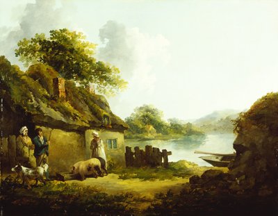 En sigøynerfamilie utenfor en låve i et landskap (olje på lerret) av Thomas Hand