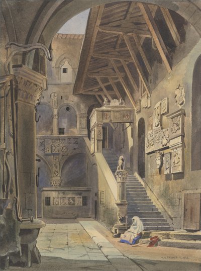 Court of the Bargello, Firenze, 1839 (wc med blekk og blyant på papir) av Thomas Hartley Cromek