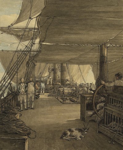 Scene ombord på HMS «Deal Castle», under en reise fra Vestindia, i 1775. Akvarell av Thomas Hearne
