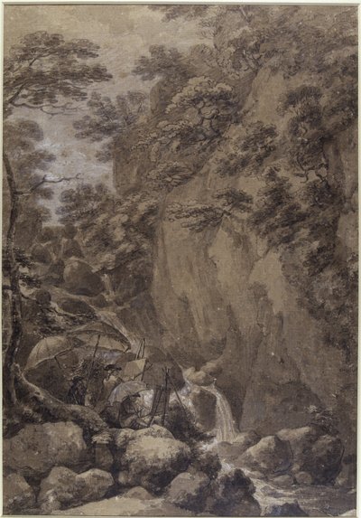 Sir George Beaumont og Joseph Farington maler en foss, 1777 (penn og blekk med vask på papir) av Thomas Hearne