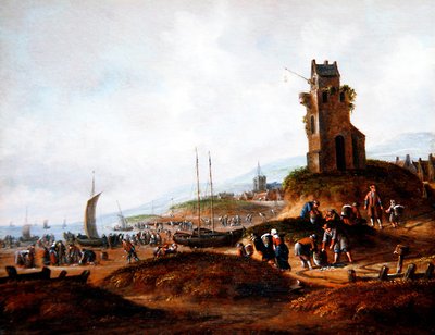 Utsikt over Scheveningen, med fiskere som selger fangsten sin av Thomas Heeremans