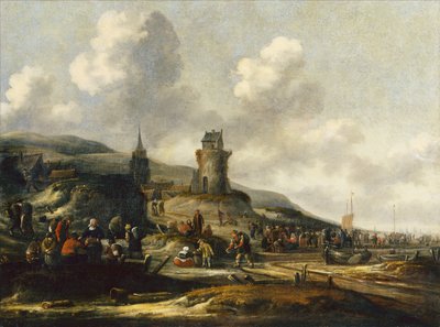 En utsikt over Scheveningen med fiskere som selger fangsten sin av Thomas Heeremans