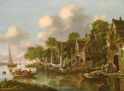 Et elvelandskap med båter og figurer ved en taverna, 1600-tallet av Thomas Heeremans