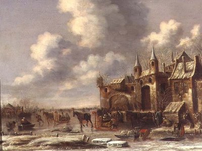 Byfolk på isen ved en byport av Thomas Heeremans