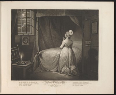 Ydmyk hushjelp ber på soverommet sitt Plate 4. The Modest Girl in the Bed Chamber (tittel på objekt) Dyd og utskeielser (serietittel) Diligence & Dissipation (serietittel på objekt) av Thomas Hellyer