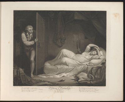 Utskeiende hushjelp sover mens en mann sniker seg inn Plate 3. The Wanton in the Bed Chamber (tittel på objekt) Dyd og utskeielser (serietittel) Diligence & Dissipation (serietittel på objekt) av Thomas Hellyer